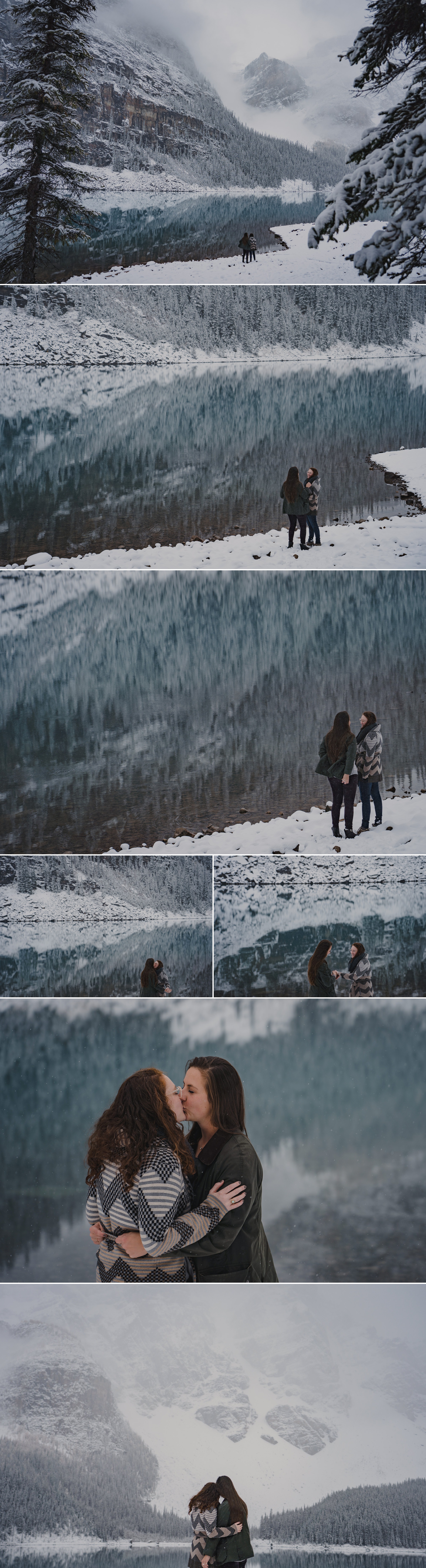 Lesbian couple proposal in Moraine Lake, Alberta Canada on a snowy fall afternoon