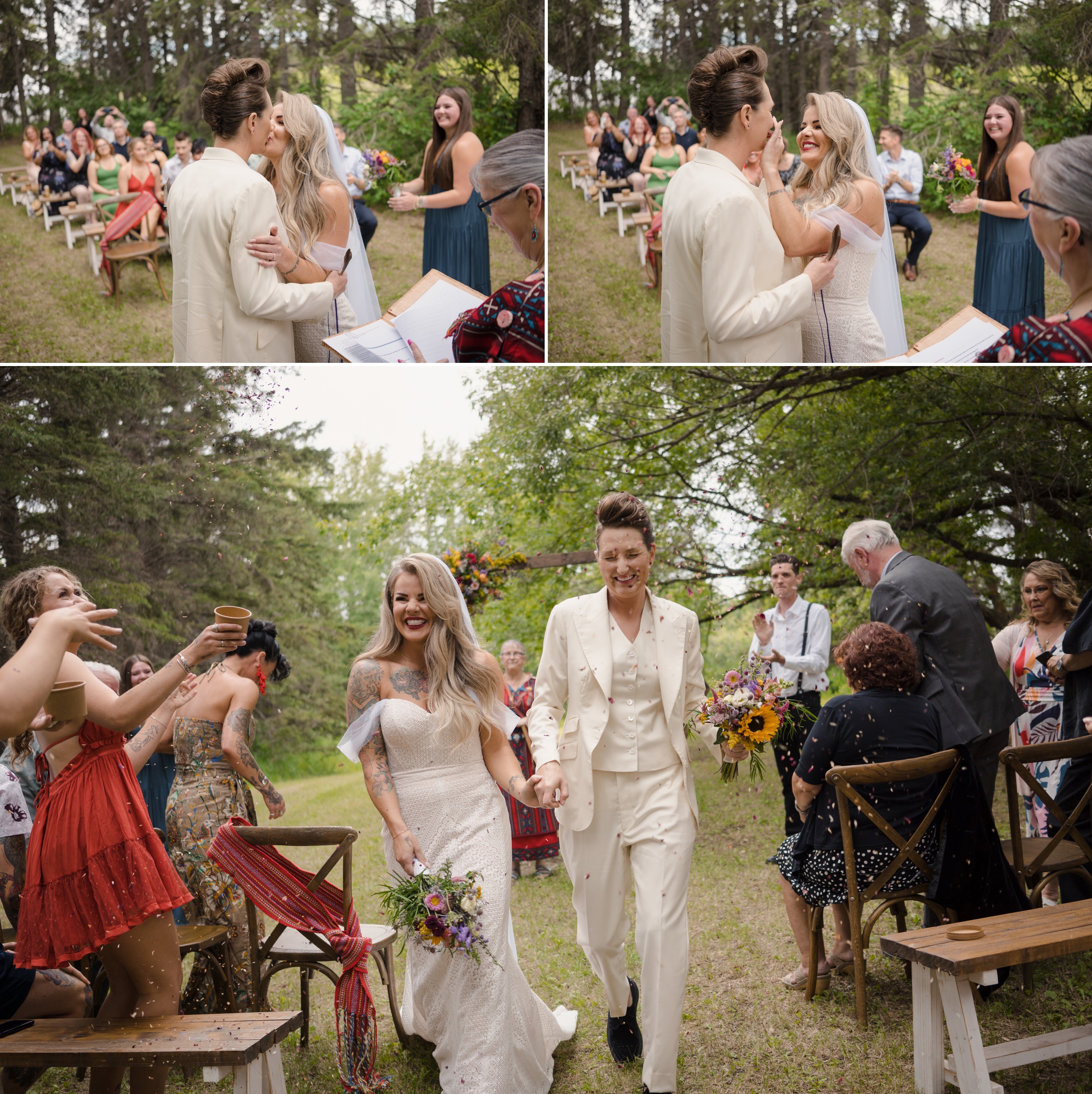 edmonton outdoor wedding ceremony with beautiful lesbian couple in white clothing, laughing