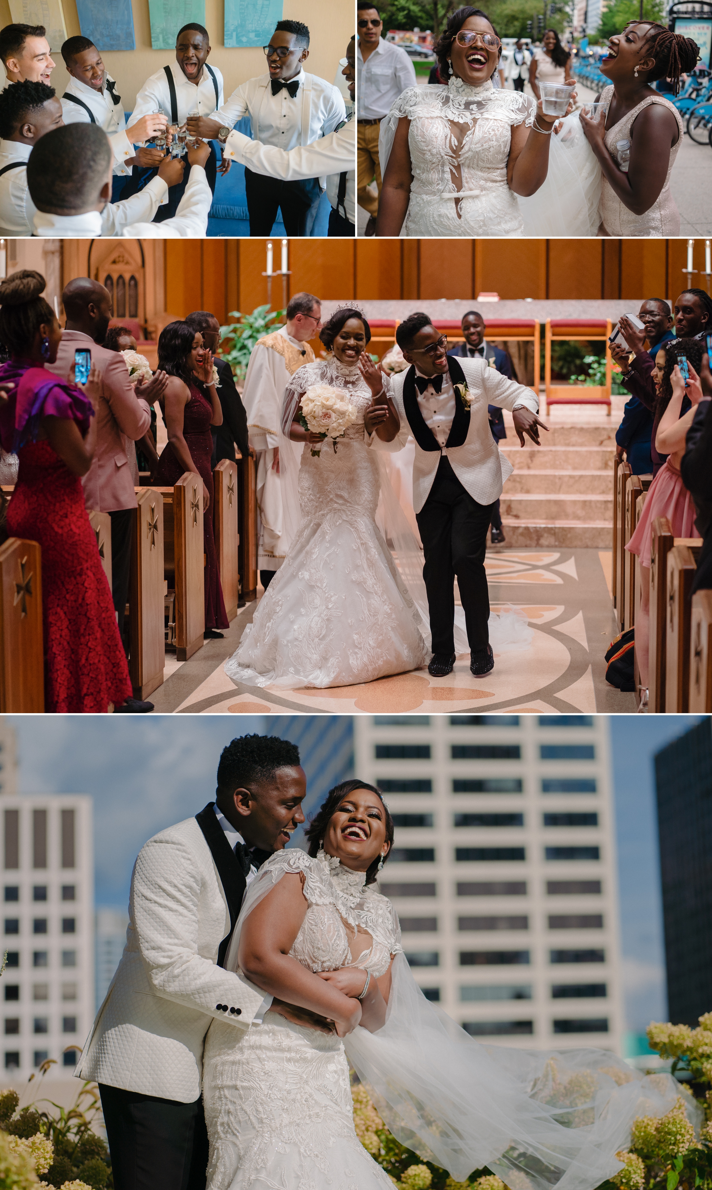 wedding in Chicago with beautiful black bride and groom celebrating with their friends and loved ones